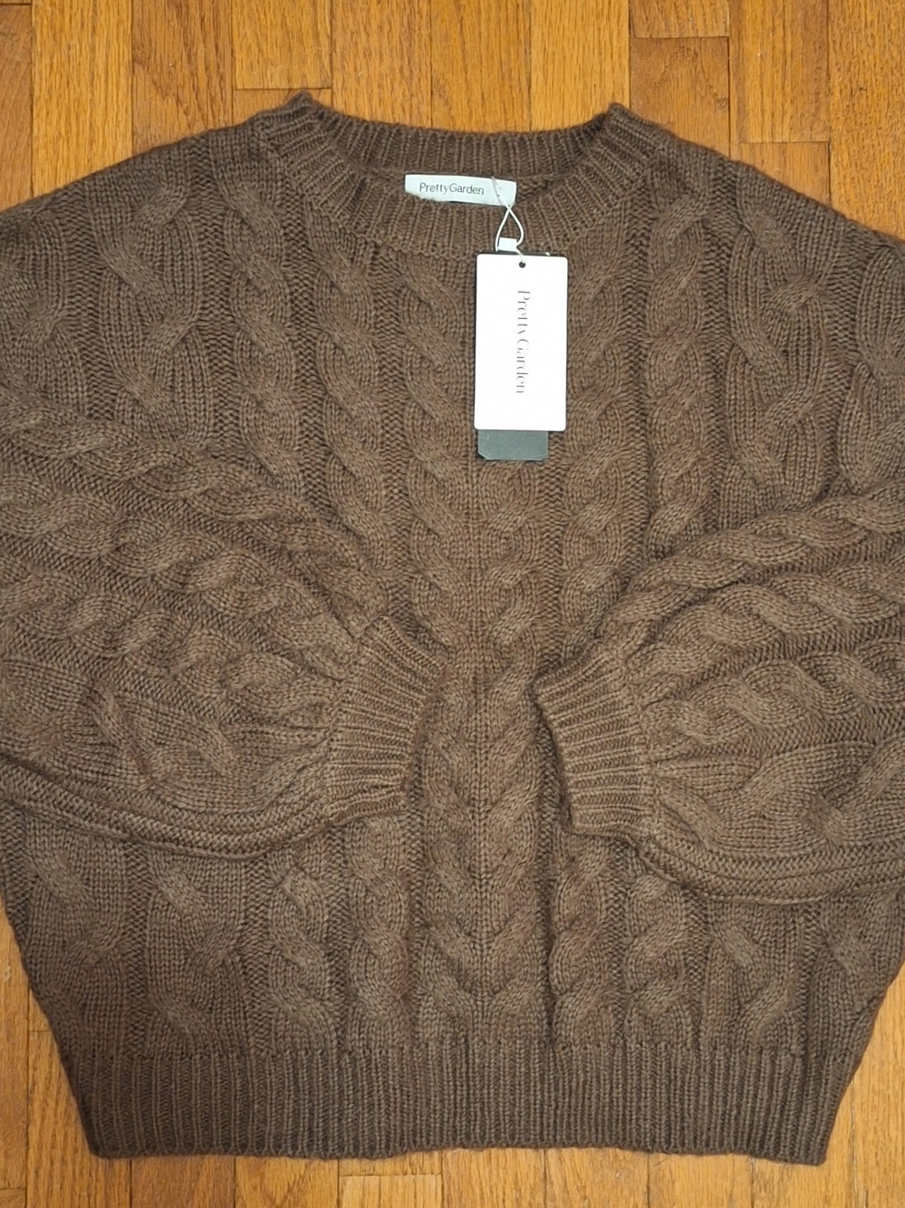 Pretty Garden Womens Cable Crewneck Sweater in Chocolate Brown
